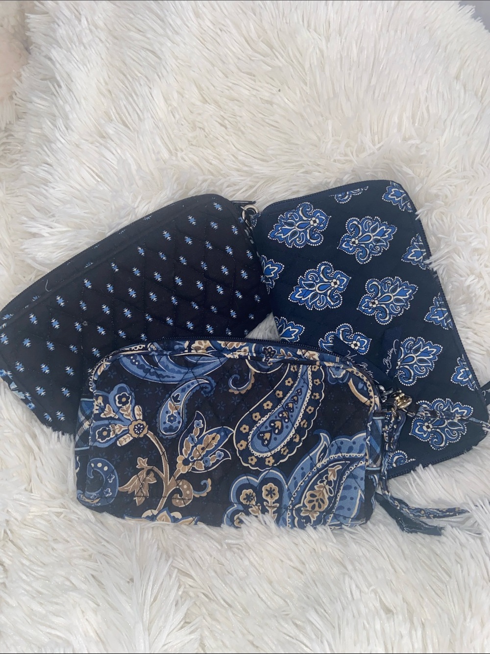 Vera Bradley Trio Bundle Quilted Navy Blue Paisley Wallet & 2 Cosmetic Wristlets